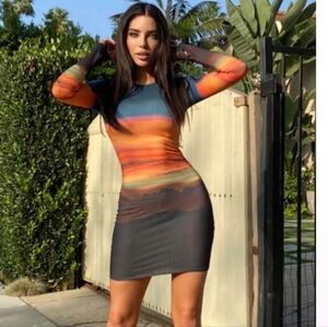 Fashion Nova Desert Sunset Mini Bodycon Longsleeve Dress - Multi Color